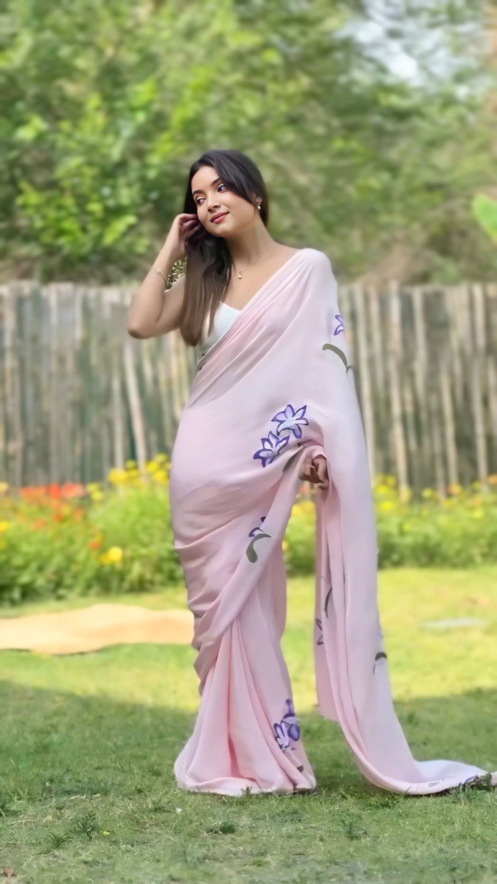 Pink Printed Georgette Ready-to-Wear Saree Set
