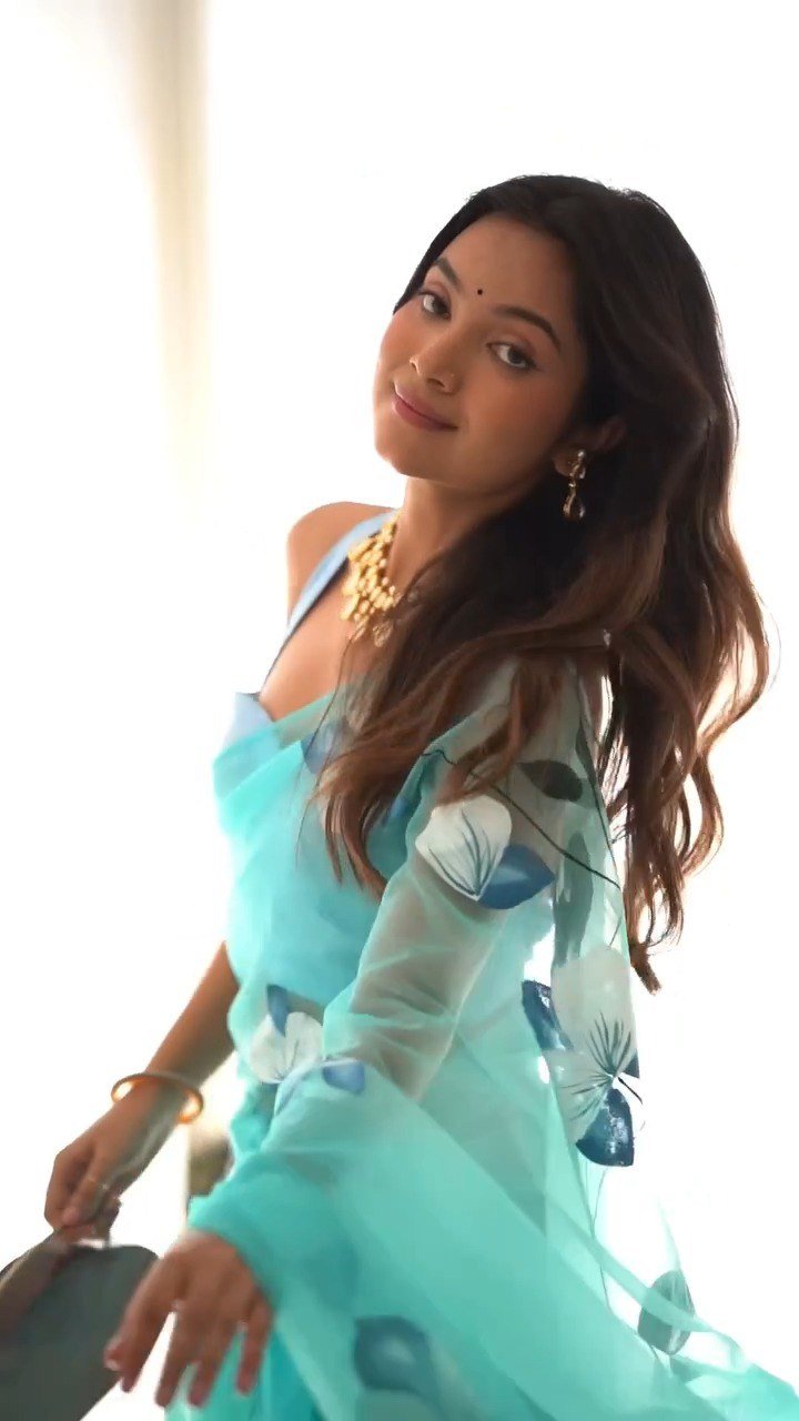 Sky Blue Organza Silk Printed Ready-to-Wear Saree with Unstitched Blouse