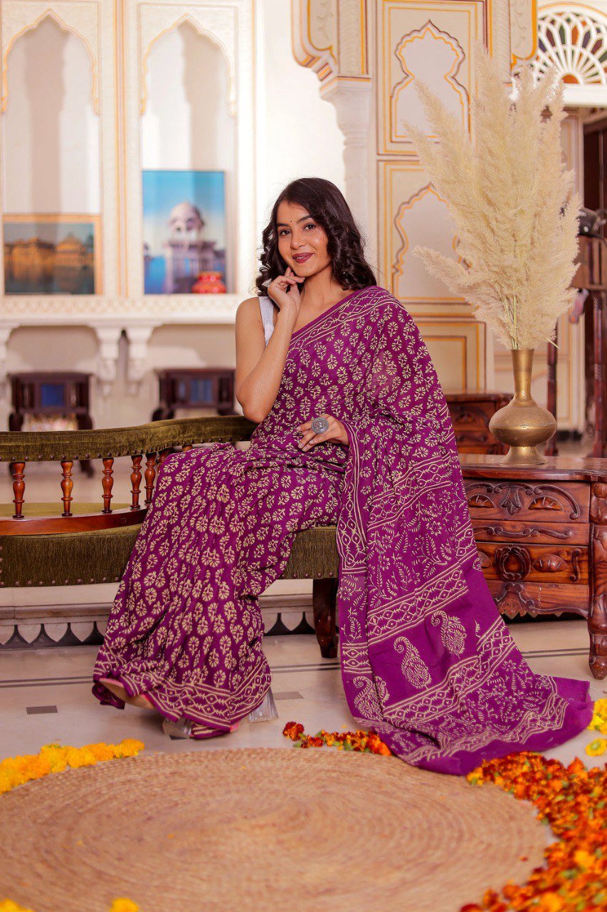 Purple Printed Cotton Ready-to-Wear Saree with White Unstitched Blouse