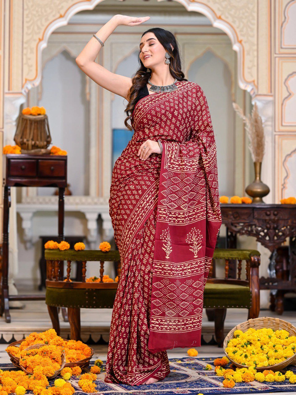 Scarlet Charm Cotton Printed Ready-to-Wear Saree