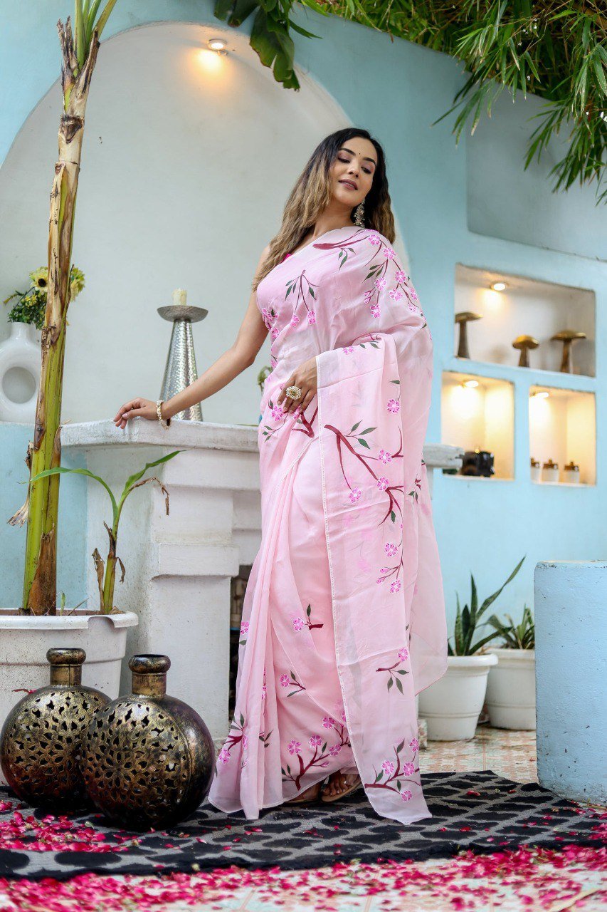 Pink Georgette Printed Ready-to-Wear Saree with Red Unstitched Blouse
