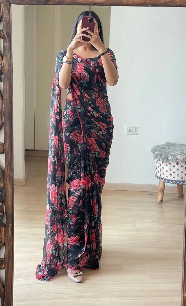 Elegant Black Georgette Printed Saree with Unstitched Silk Blouse