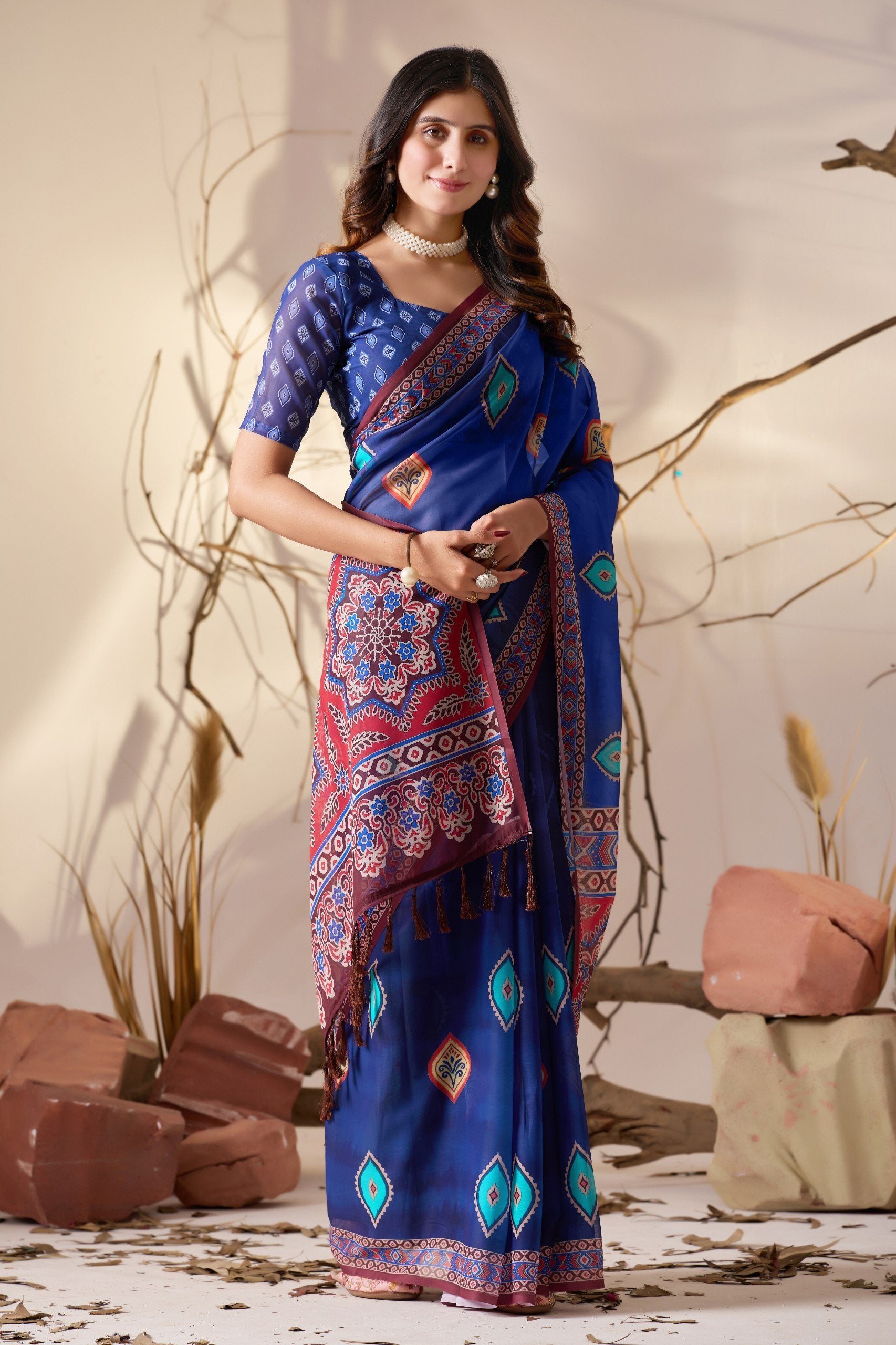 Royal Blue Geometric Elegance Soft Georgette Saree