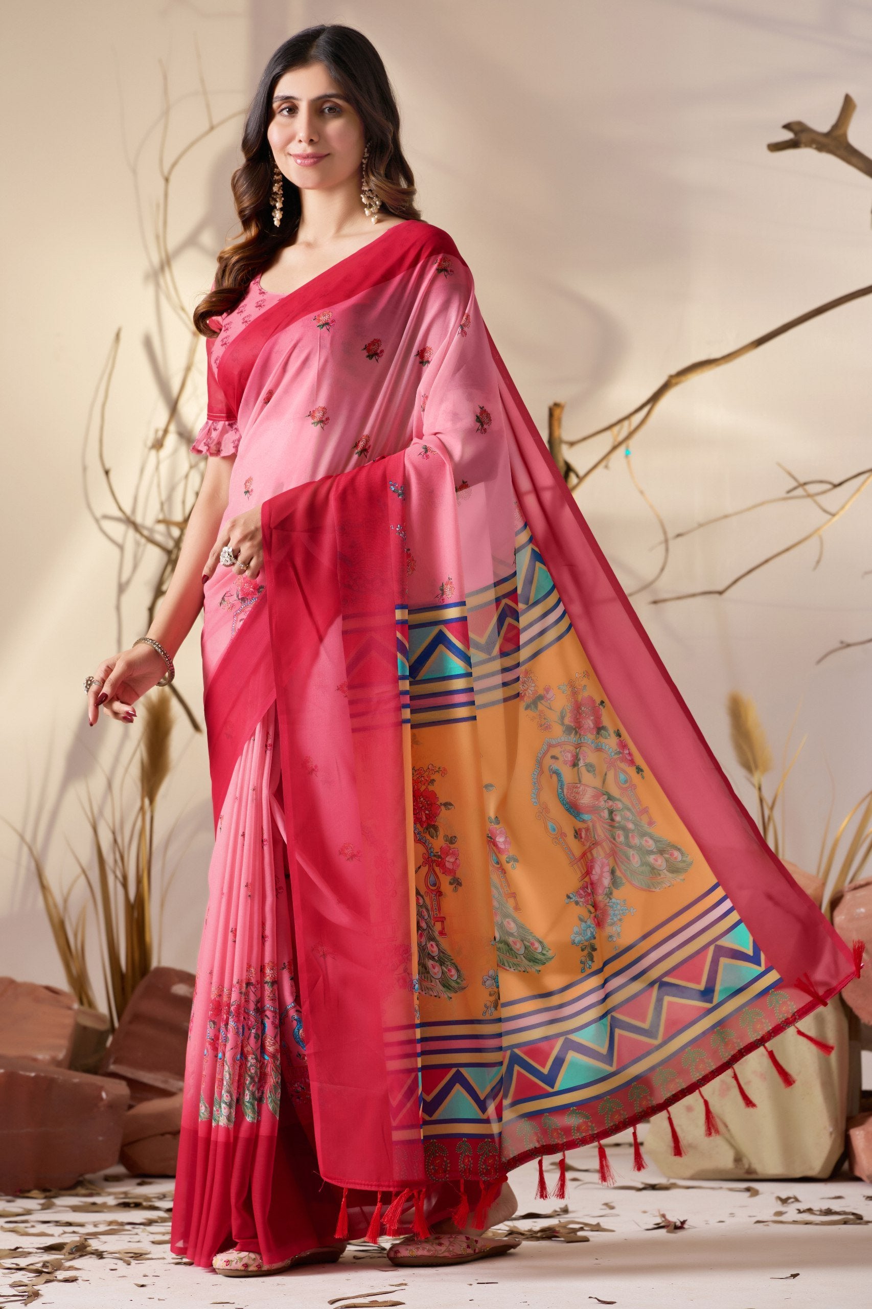 Rose Harmony Soft Georgette Dual Pink Saree