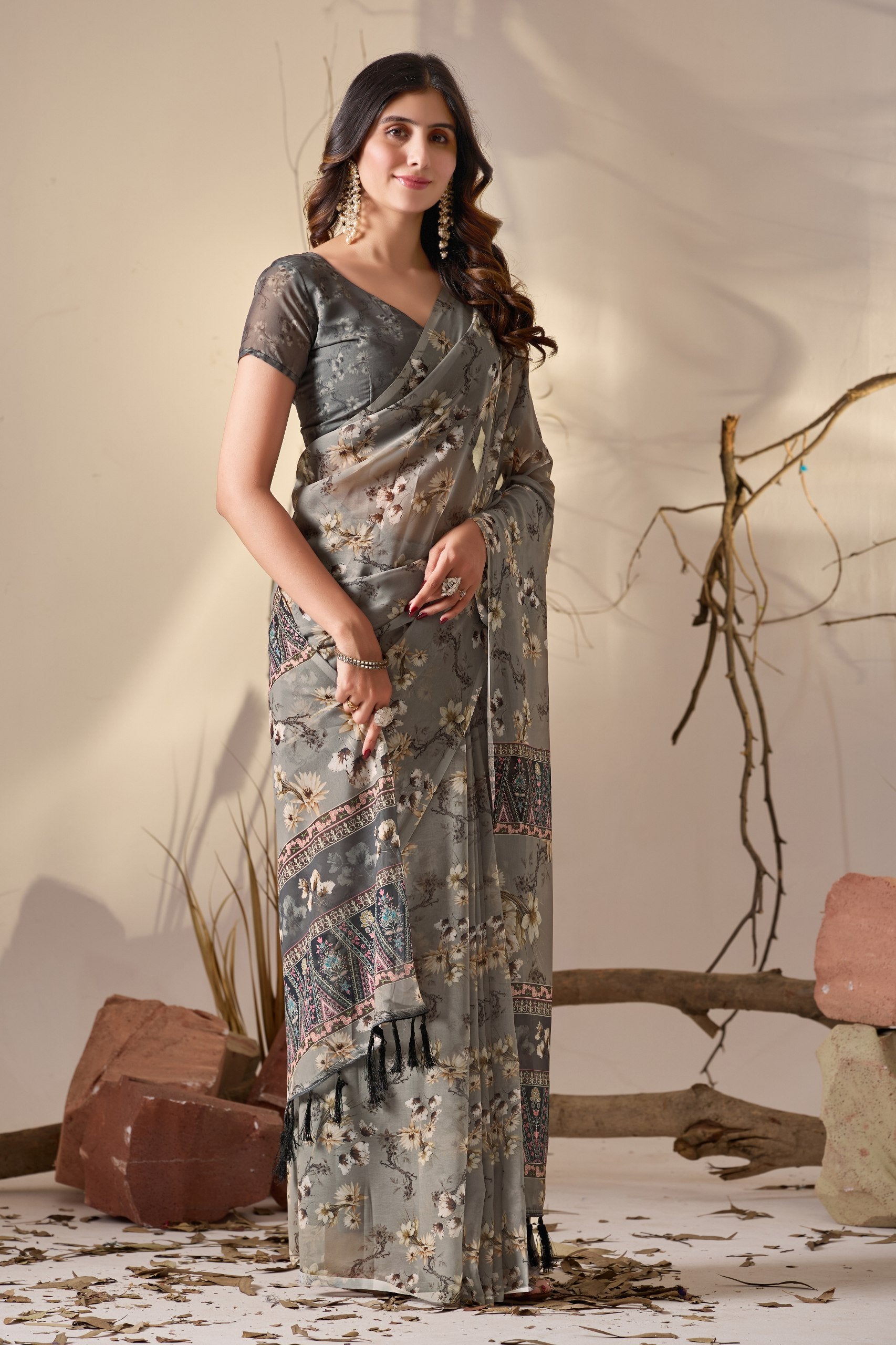 Misty Grey Tribal Bloom Soft Georgette Saree