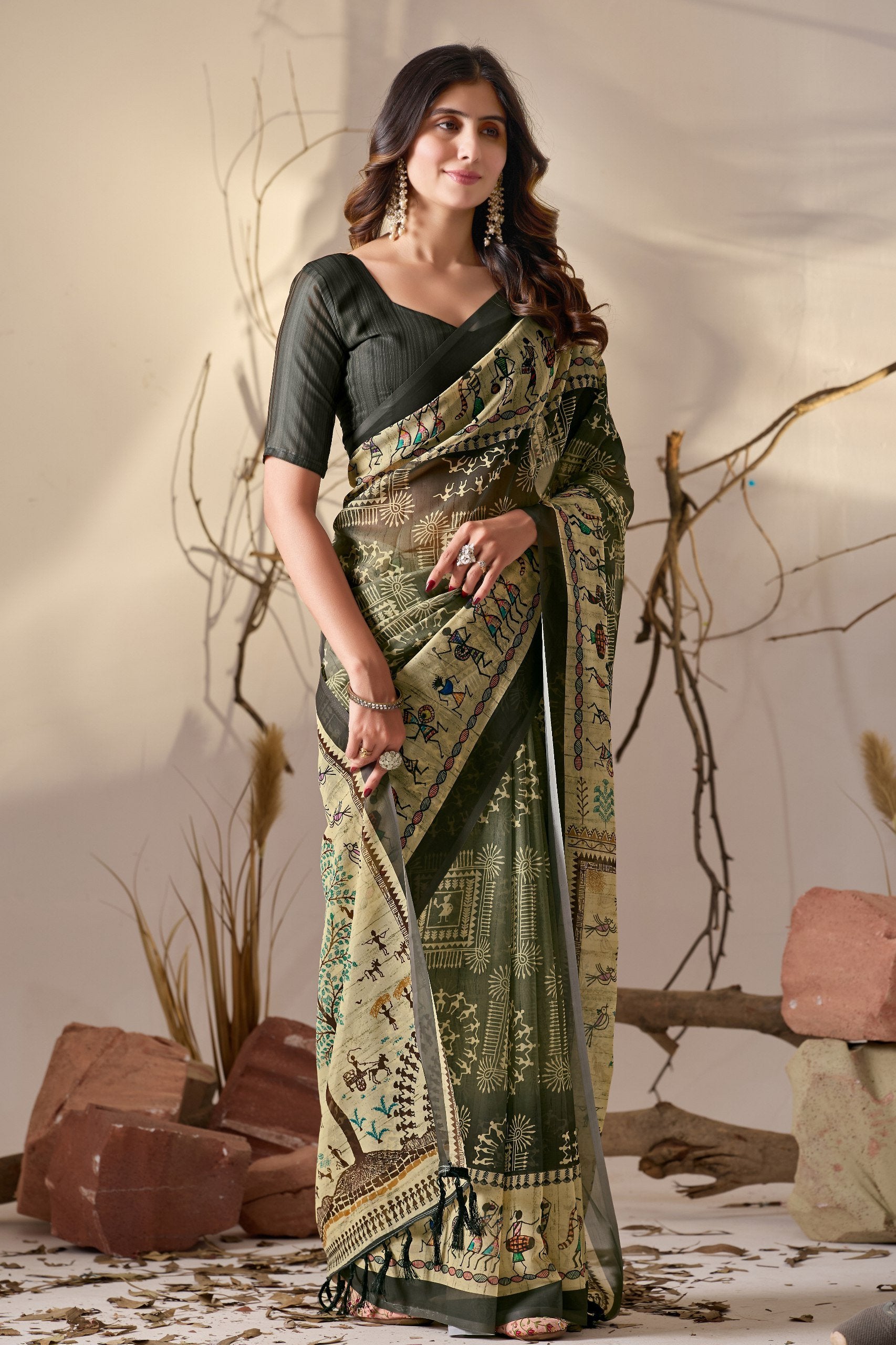 Olive Warli Heritage Soft Georgette Saree