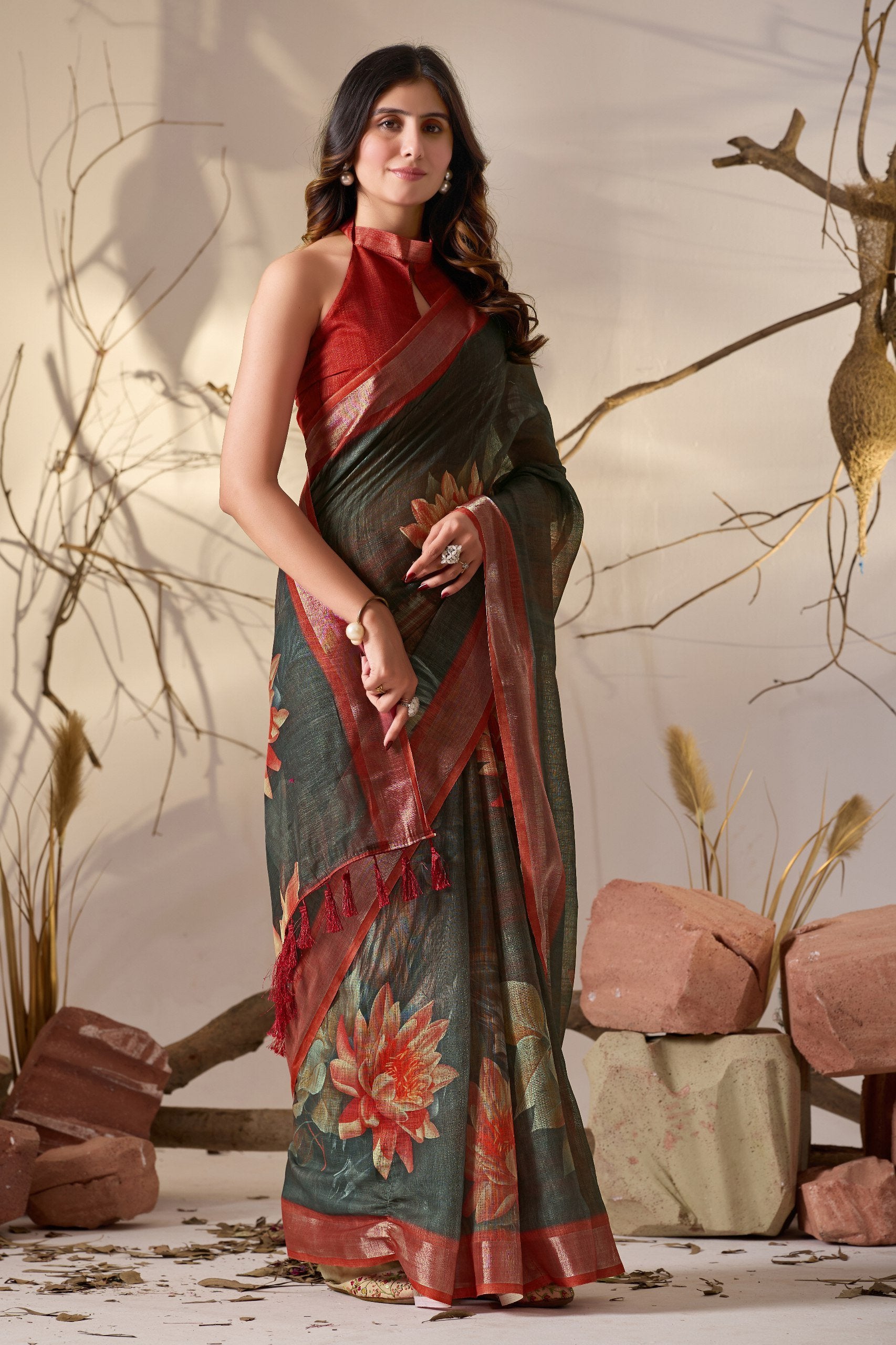 Rustic Elegance Dark Floral Linen Cotton Saree