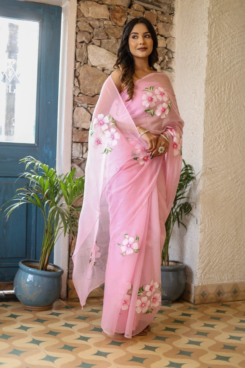 Soft Baby Pink Georgette Printed Saree