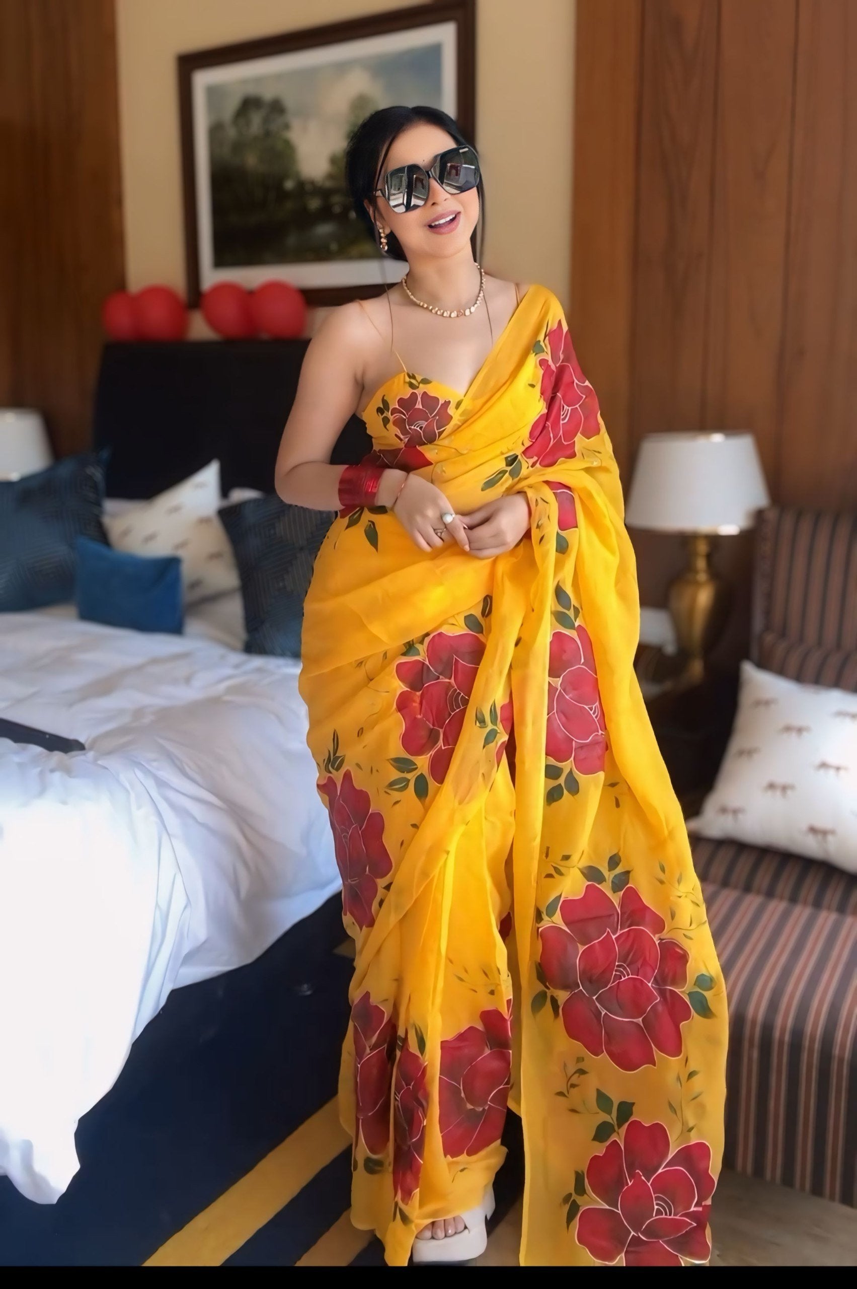 Sunny Yellow Georgette Printed Saree