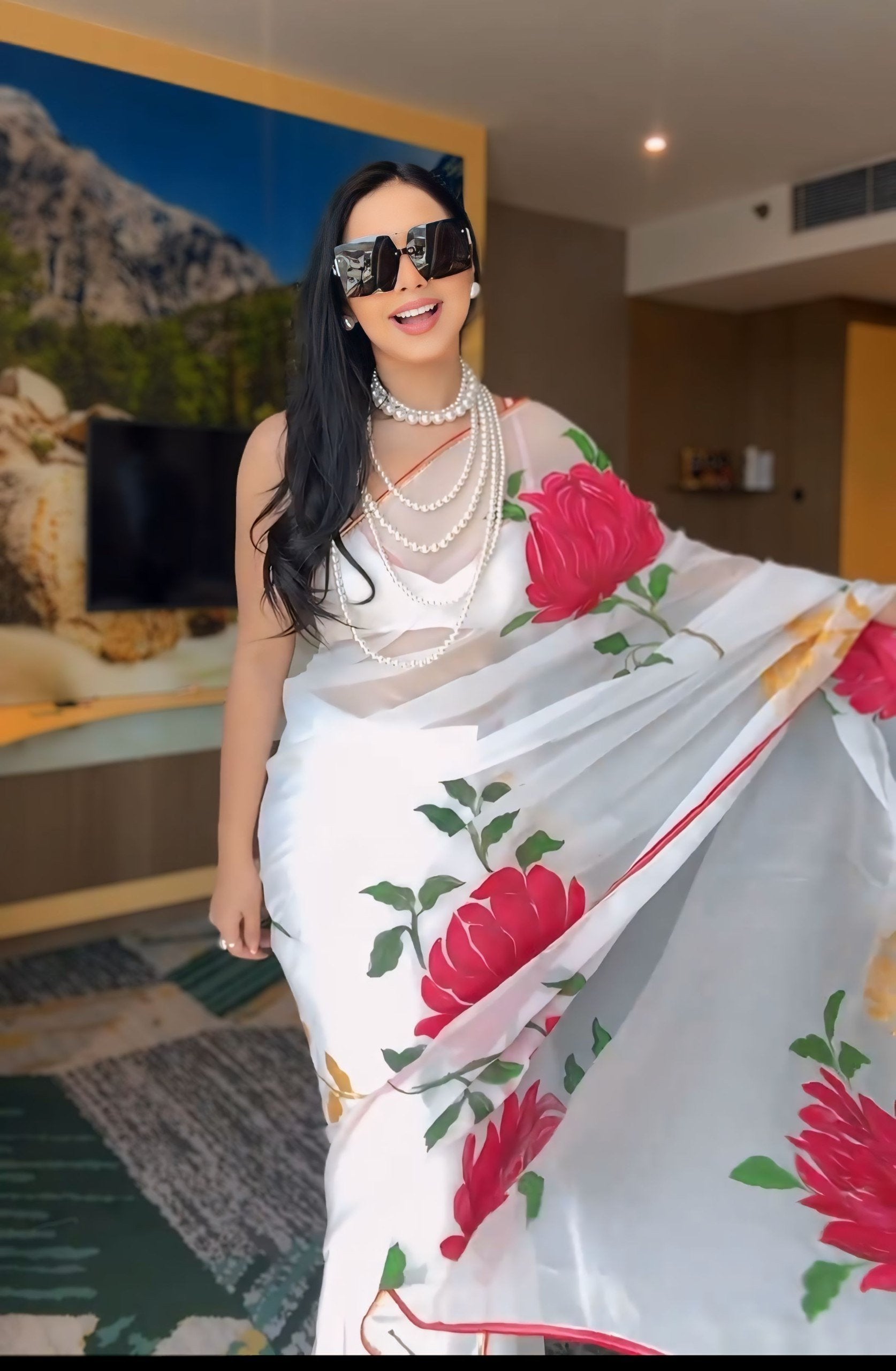 Elegant White Georgette Printed Saree