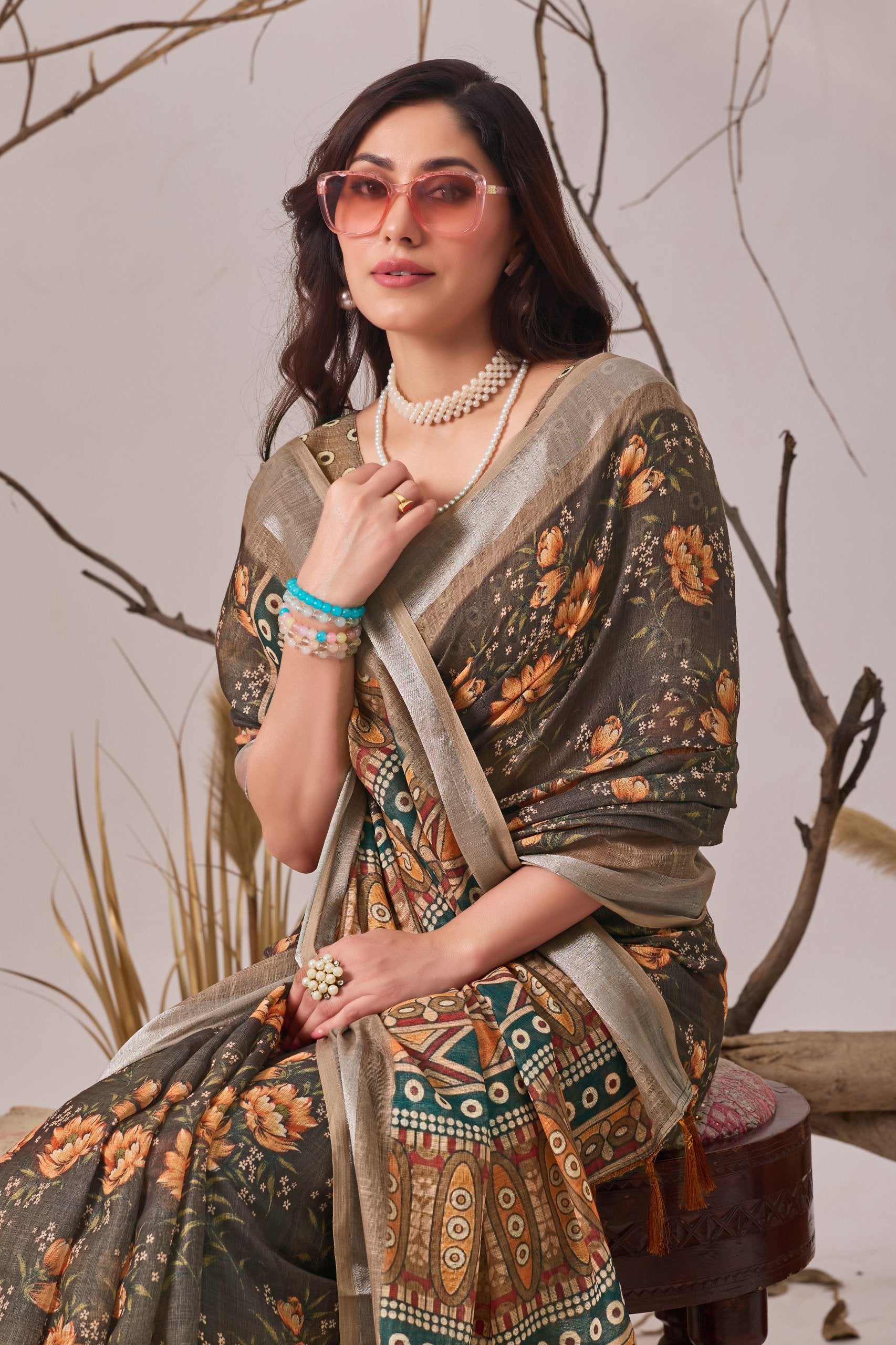 Floral Bliss Linen Cotton Saree