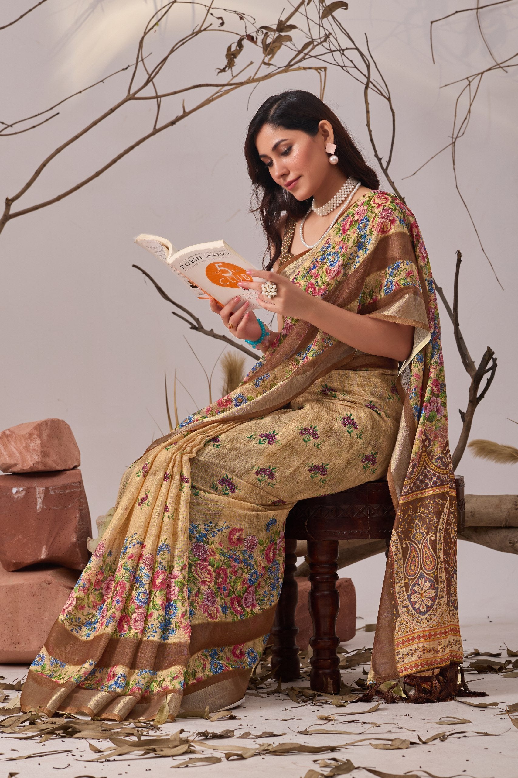 Soft Blue Elegance Linen Cotton Saree