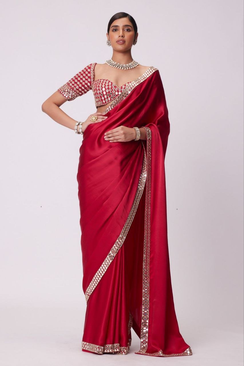 Premium French Crape Silk Saree with Heavy Real Mirror Work & Designer Blouse