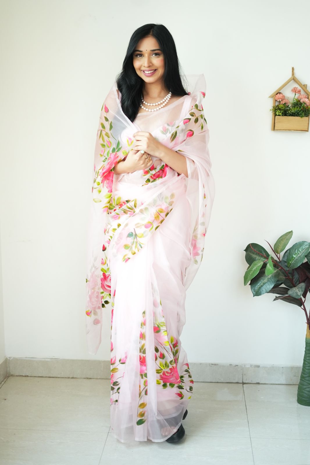 Elegant White Organza Printed Ready-to-Wear Saree