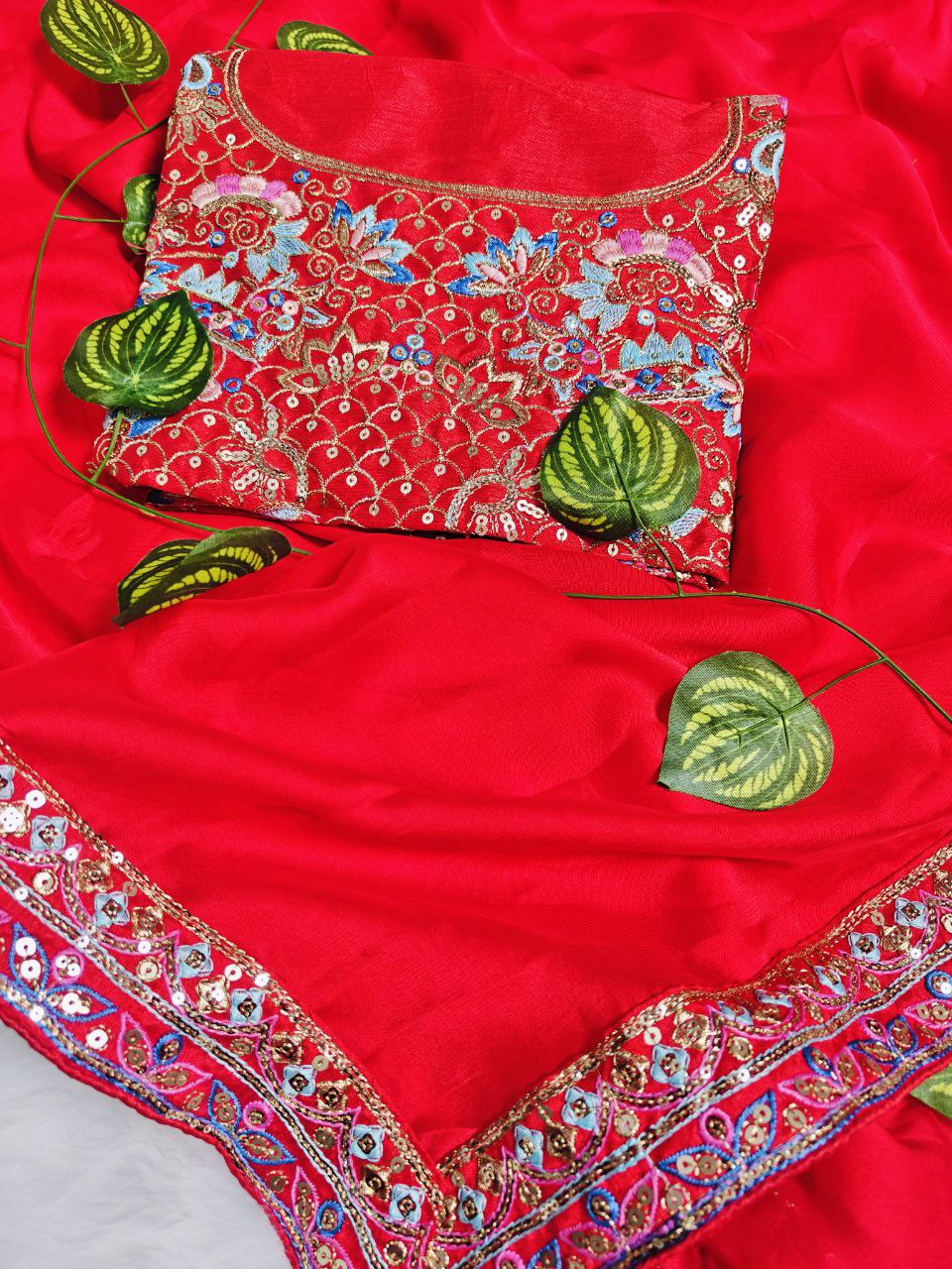 new red designer party-wear saree