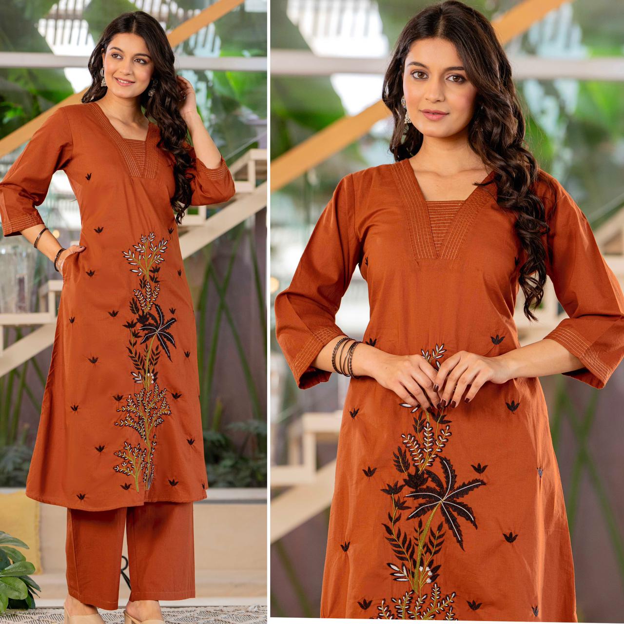 Exclusive A-Line Kurta Palazzo Set with Floral Embroidery