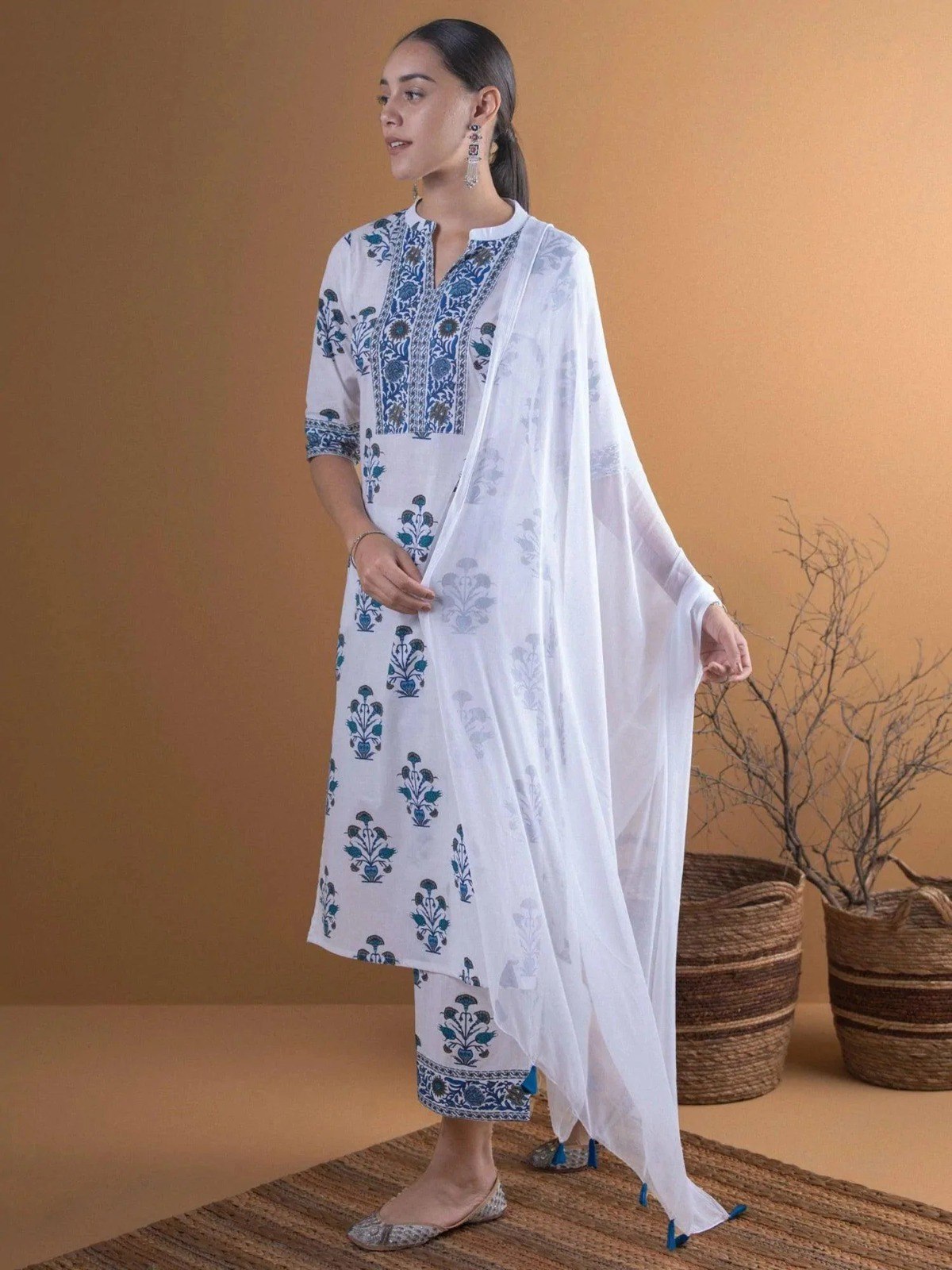 White Printed Kurti Set with Dupatta