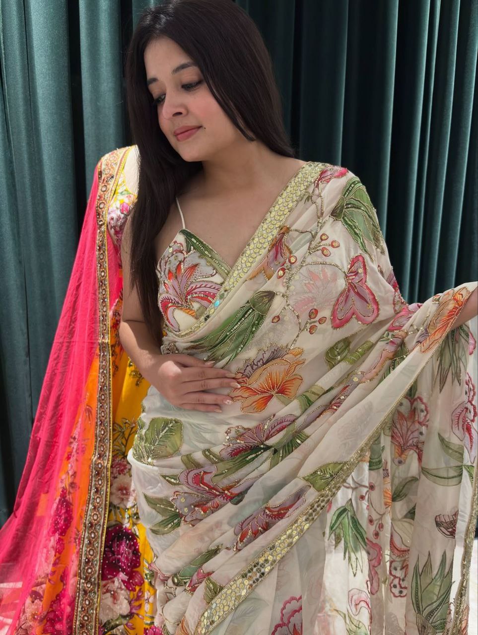 Premium Tabby Silk Designer Saree with Sequins & Foil Mirror Work