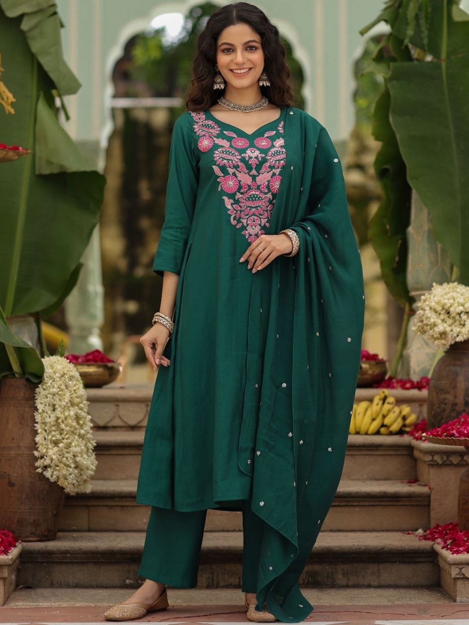 Rayon Slub Embroidered Kurti Pant Set with Heavy Chanderi Dupatta