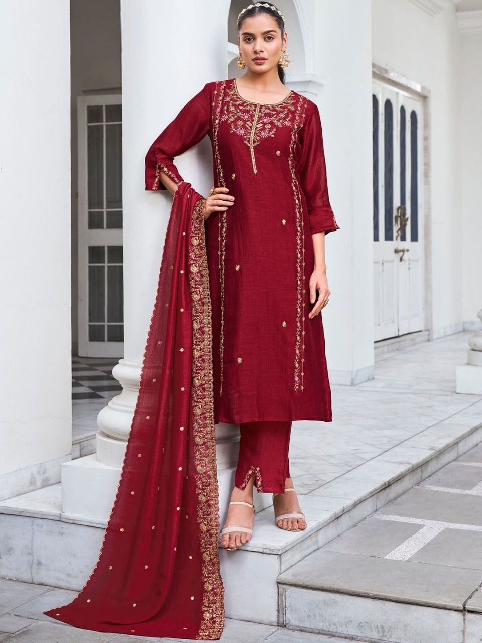 Vichitra Silk Embroidered Kurti Pant Set with Vichitra Silk Dupatta