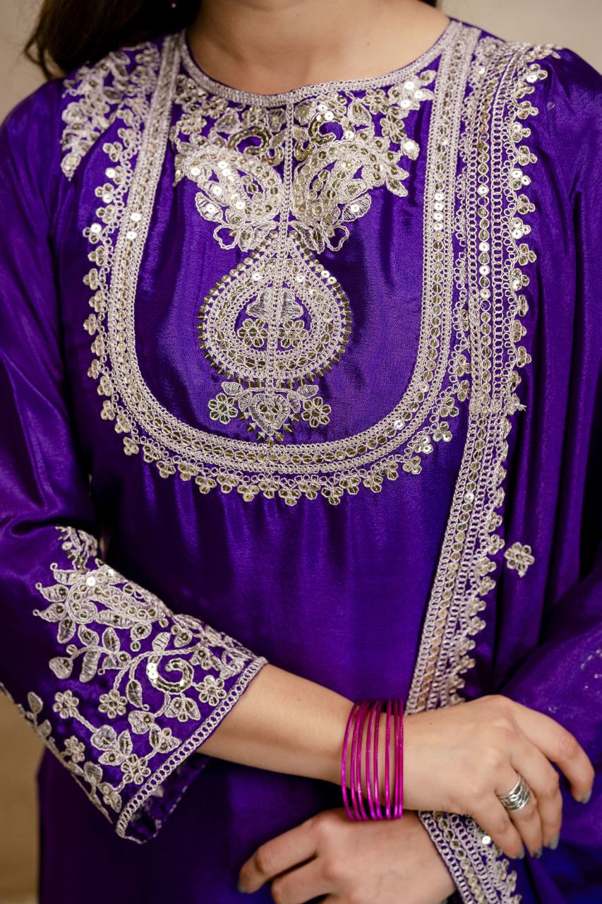 Viscose Chinon Silk Embroidered Kurti Pant Set with Viscose Silk Dupatta