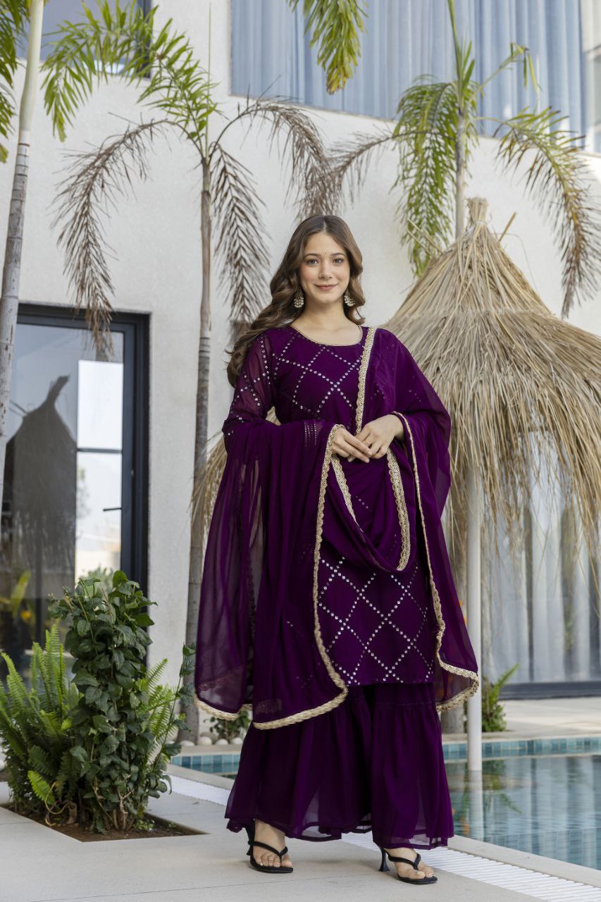 Heavy Fox Georgette Embroidered Kurti Pant Set with Georgette Dupatta