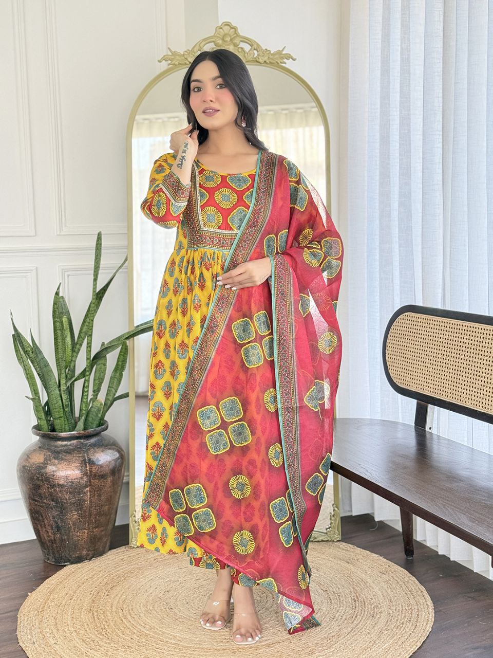 Heavy Rayon Embroidered Kurti Pant Set with Linen Slub Printed Dupatta