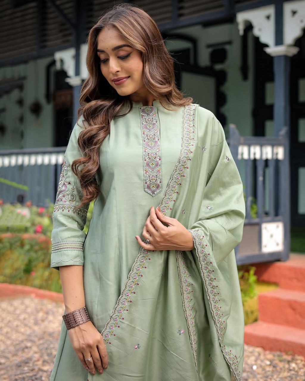 Heavy Muslin Silk Embroidered Kurti Pant Set with Chanderi Dupatta