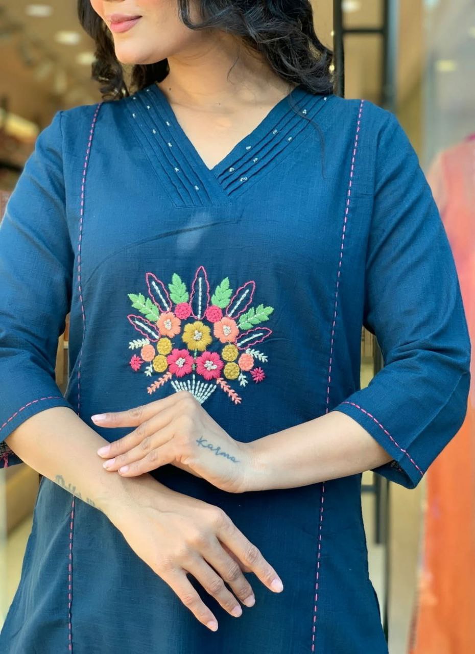 Rayon Slub Embroidered Kurti Pant Set with Chanderi Cotton Dupatta
