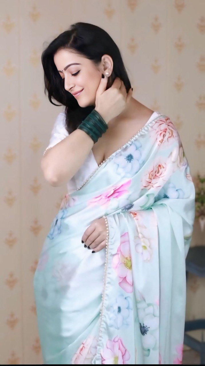 Elegant White Ready To Wear Satin Silk Printed Saree