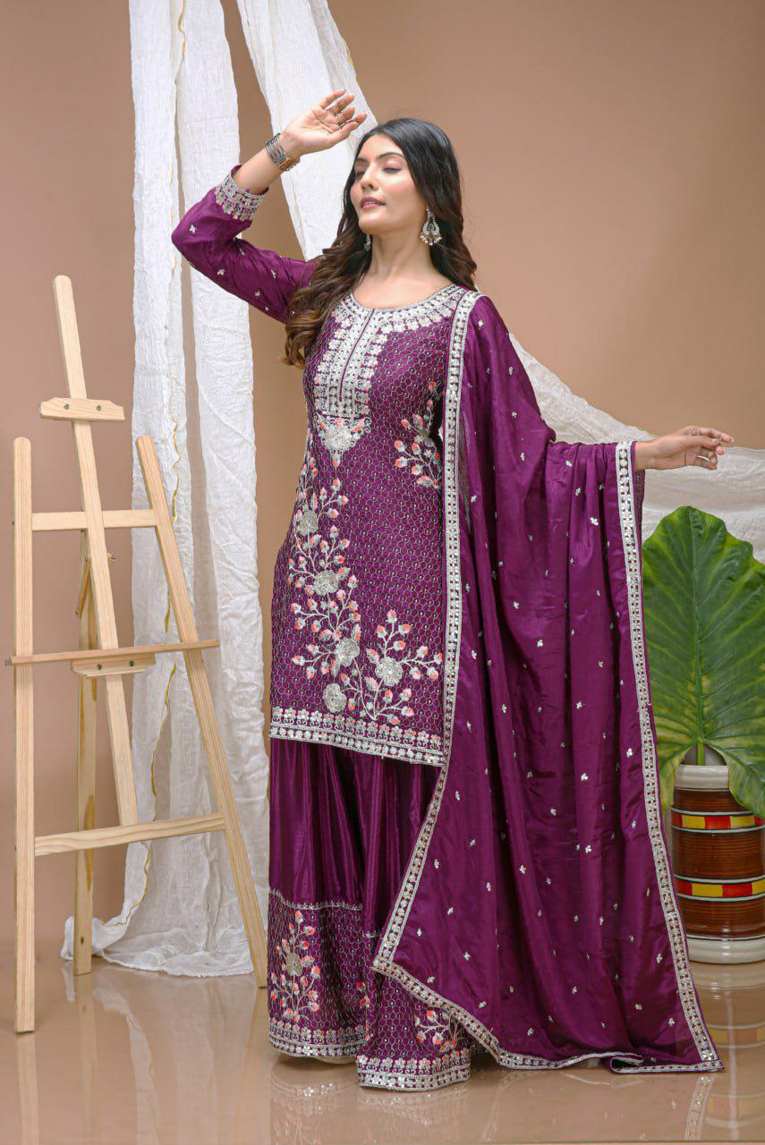 Chinon Embroidered Kurti Sharara Set with Dupatta