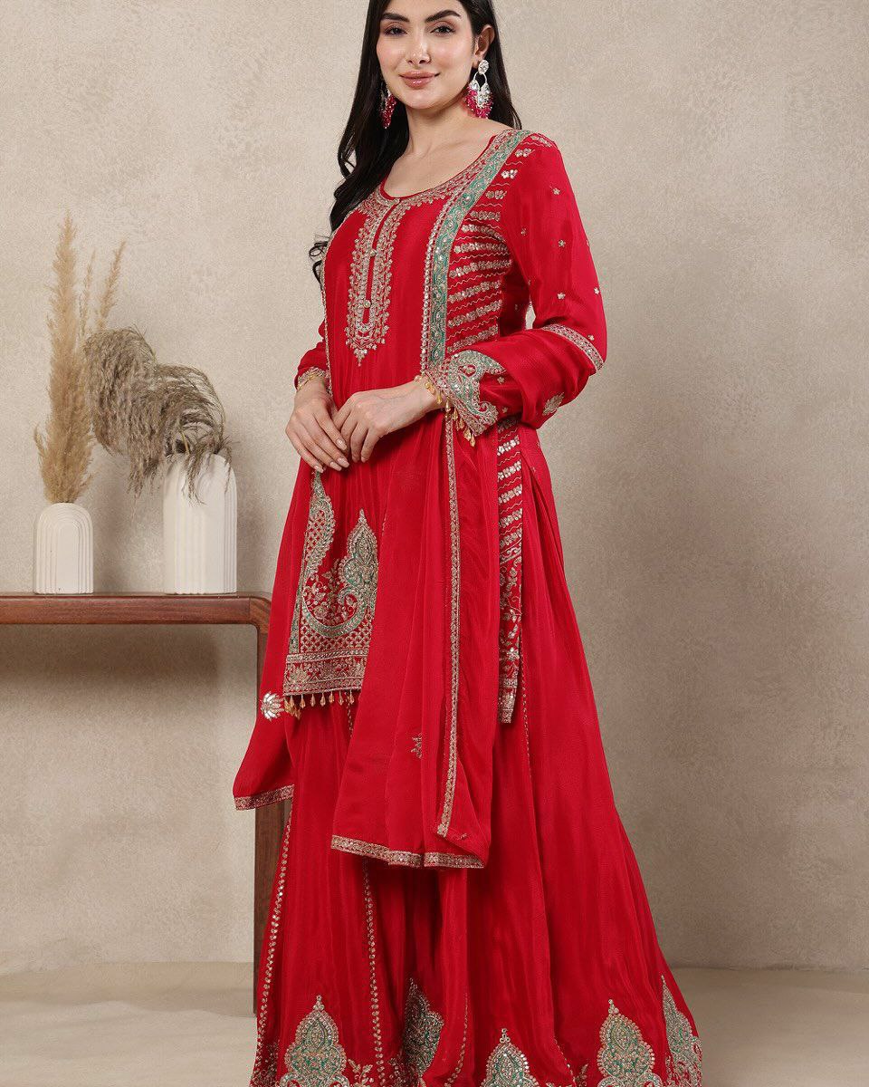 Heavy Chinon Silk Sequence Embroidered Kurti Sharara Set with Dupatta