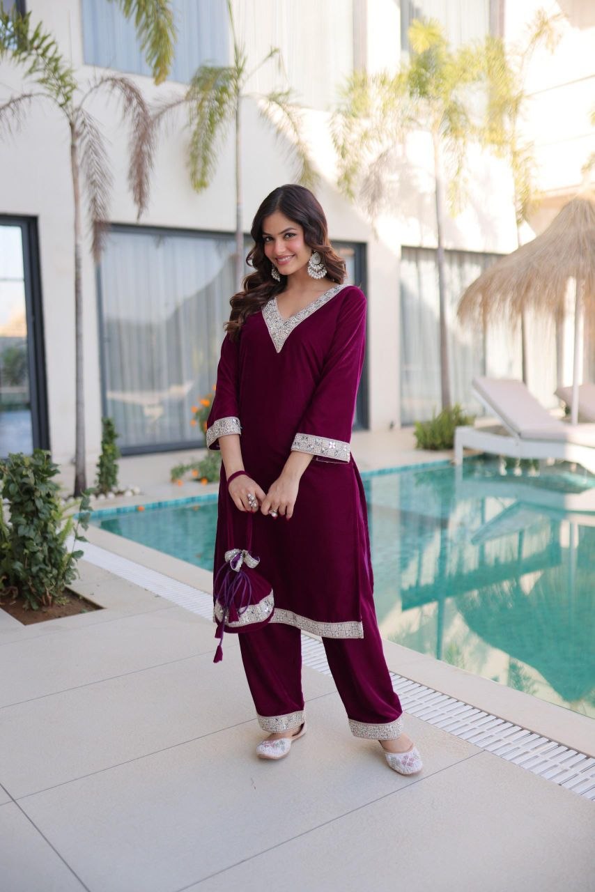 Premium Velvet Kurti Set with Mirror Work & Batwa