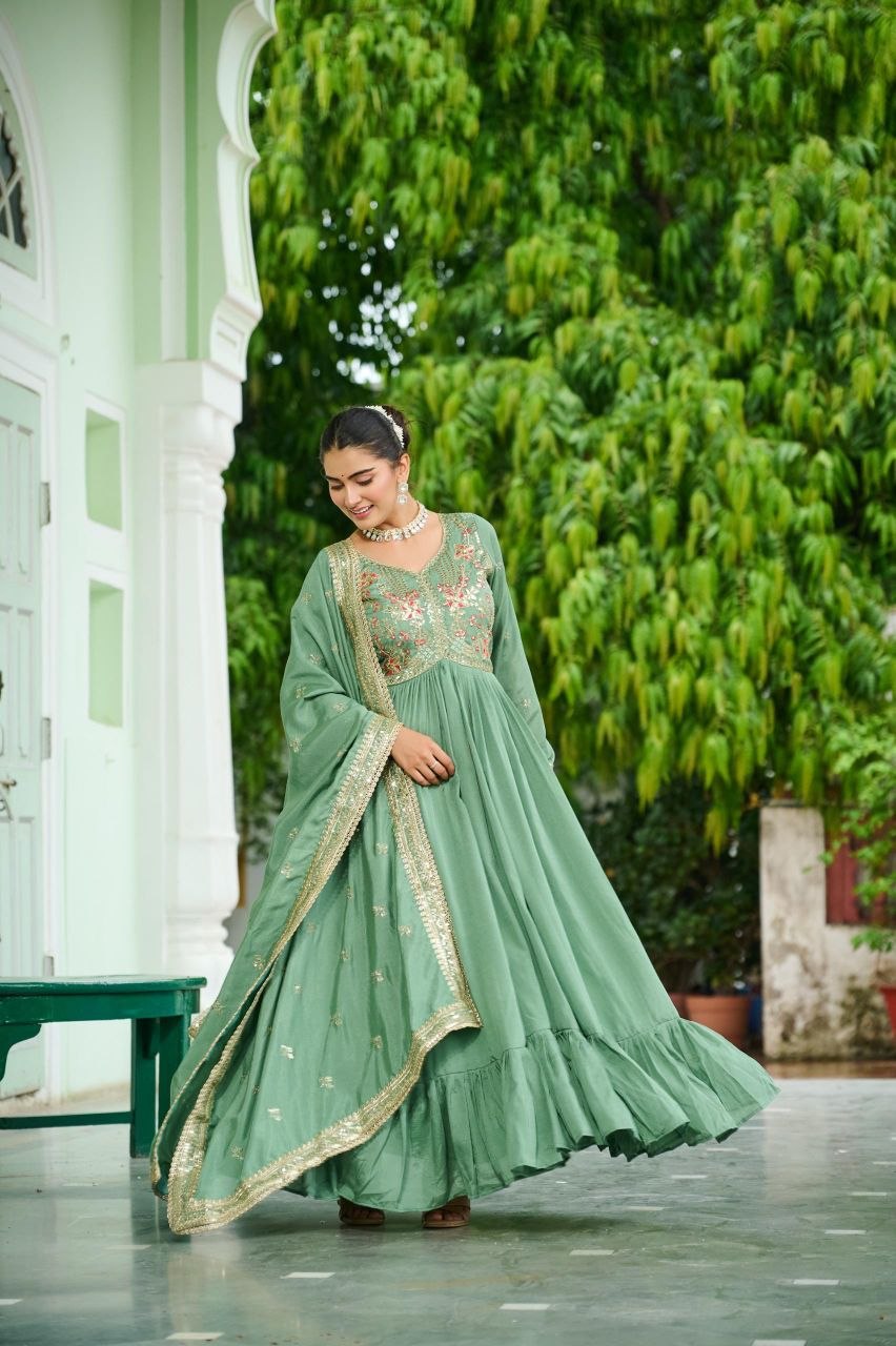 Designer Vichitra Silk Gown with Embroidered Dupatta