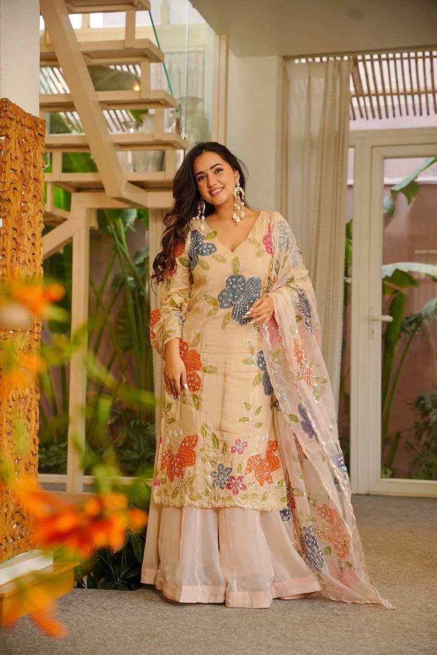 Designer Tabby Organza Kurta Set with Embroidery & Hand Print