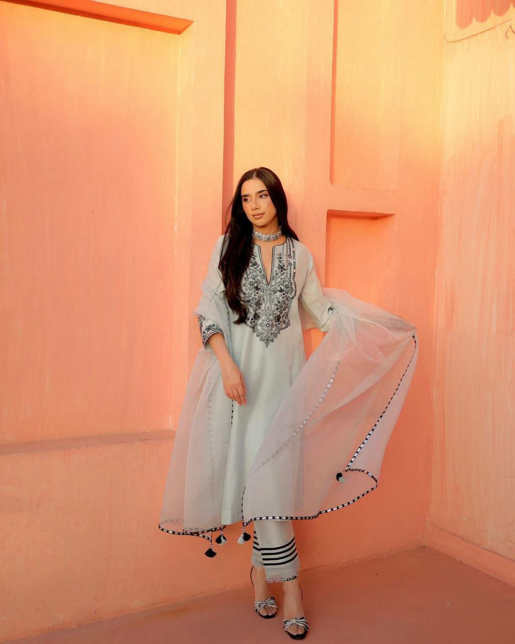 Elegant Georgette Foil Work Kurti Set with Dupatt