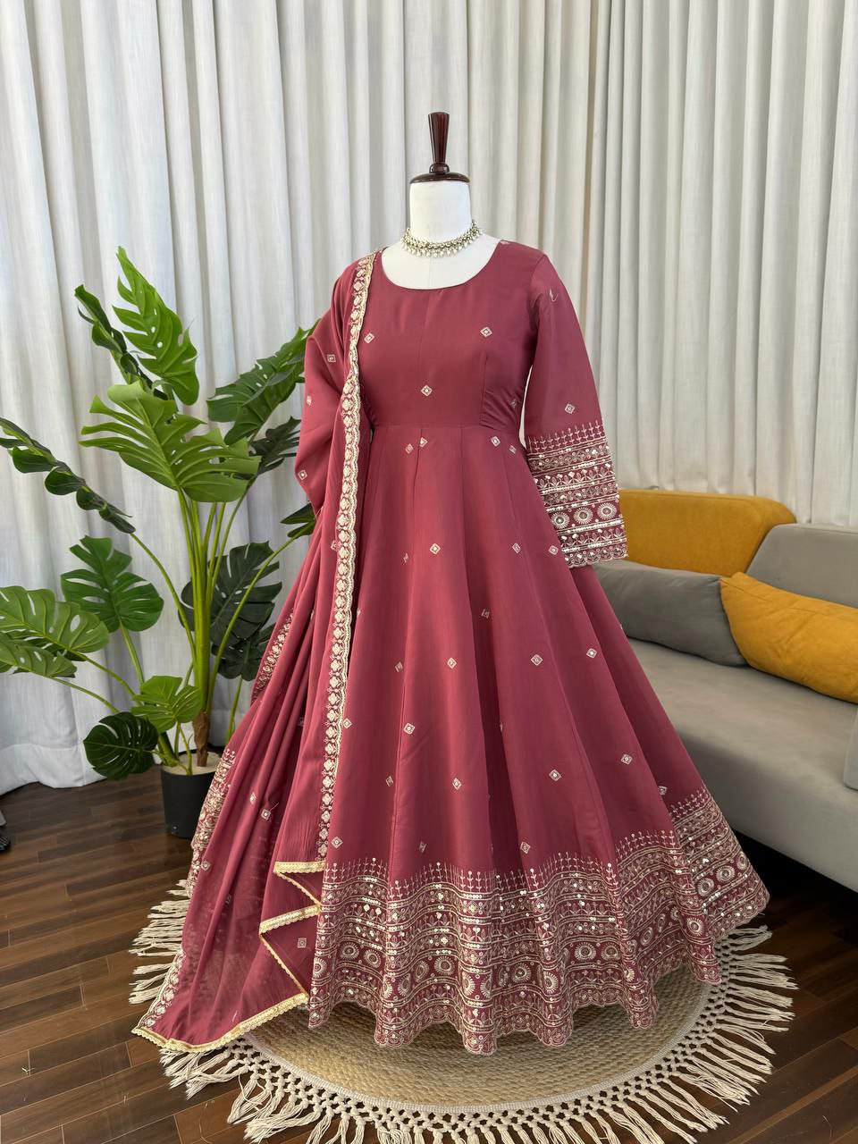 Designer Mul Chanderi Silk Gown Set with Pant & Dupatta