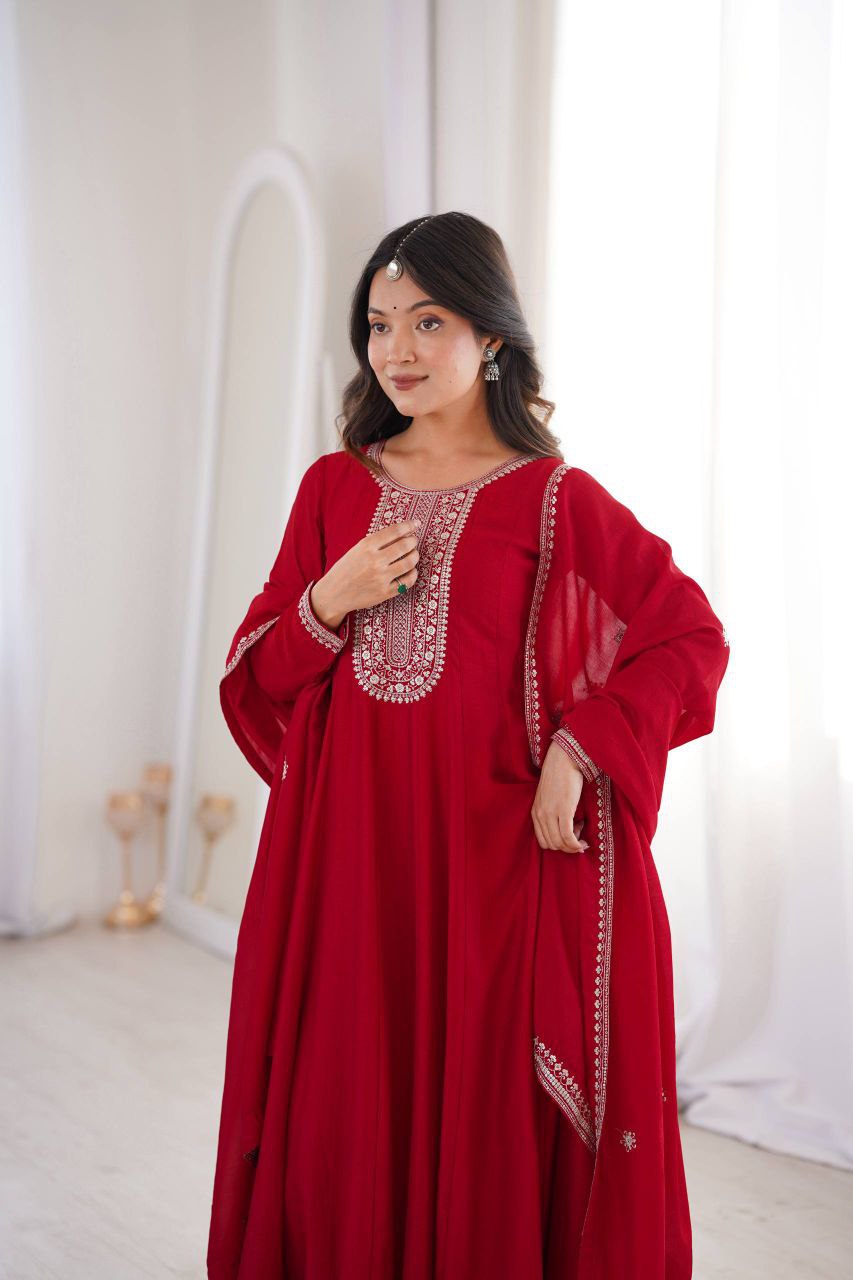 Designer Heavy Pure Vichitra Silk Anarkali Gown Set
