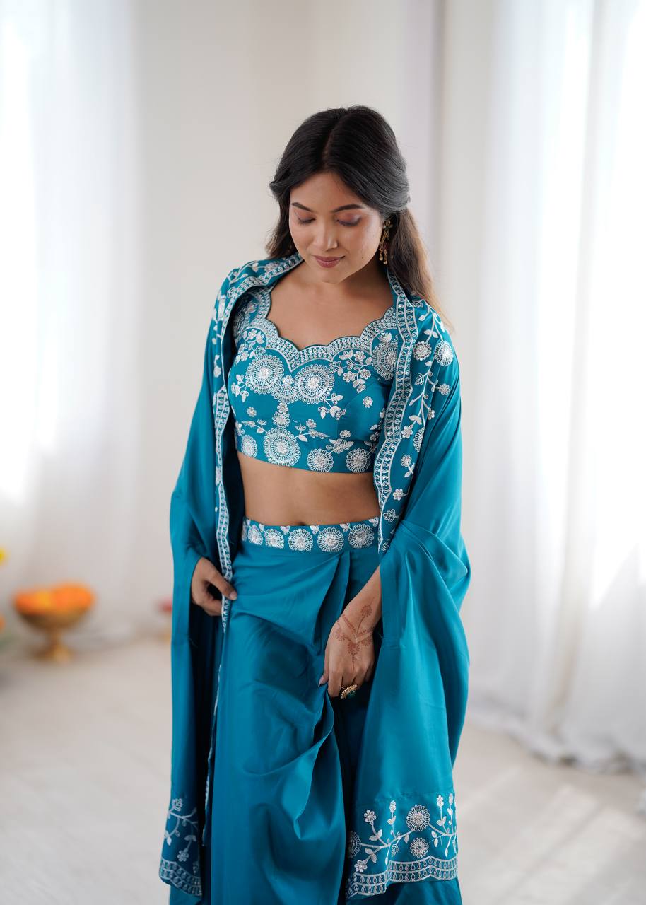 Premium Crepe Silk Dhoti Set with Shrug & Choli