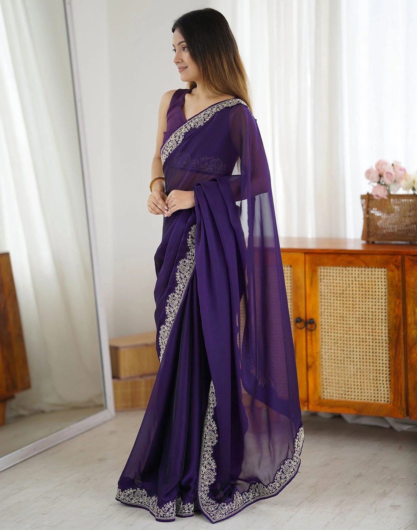 Purple Rangoli Party Wear Saree with Embroidery Work