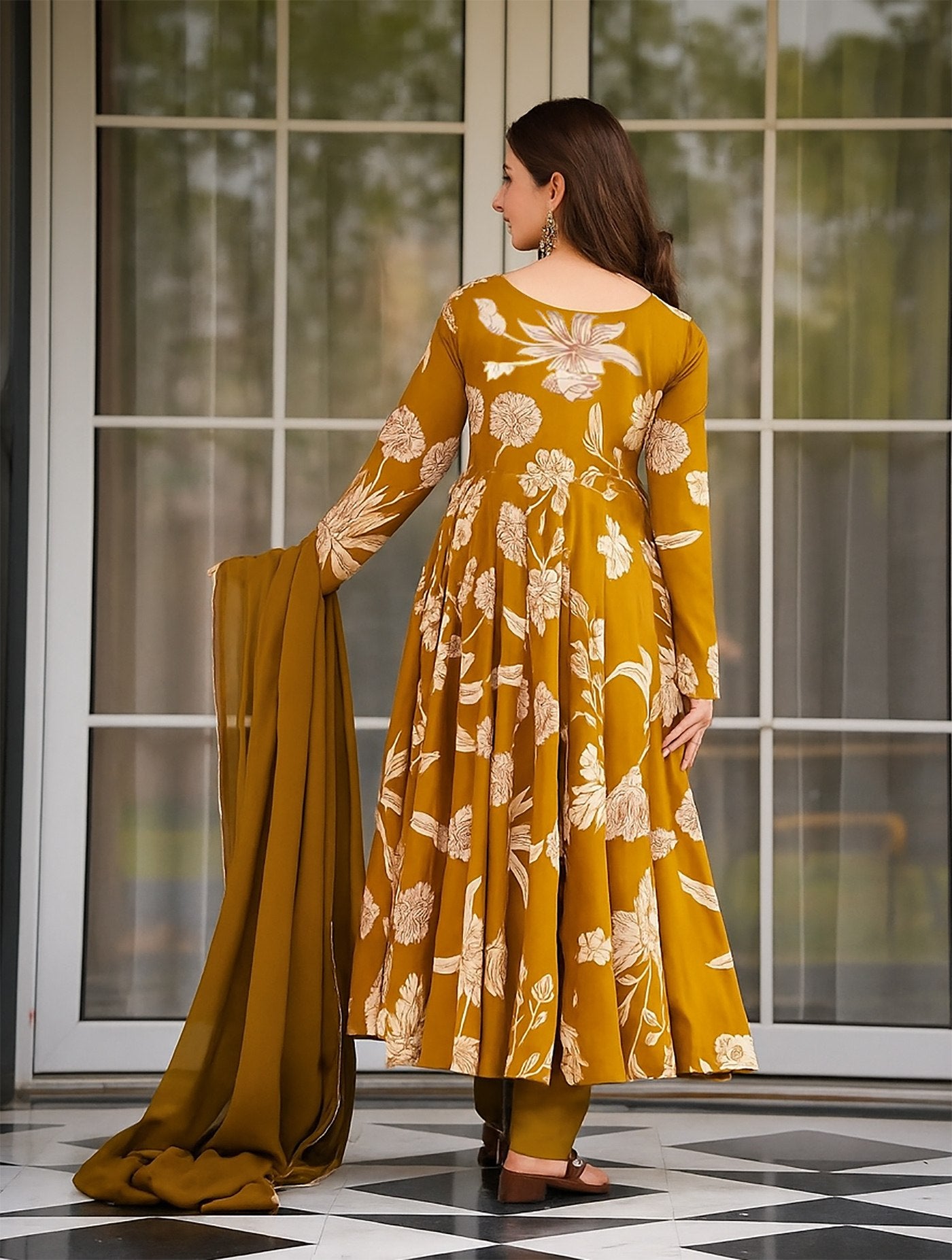 Women’s Yellow Rayon Slub Anarkali Kurta Pant Set with Georgette Dupatta