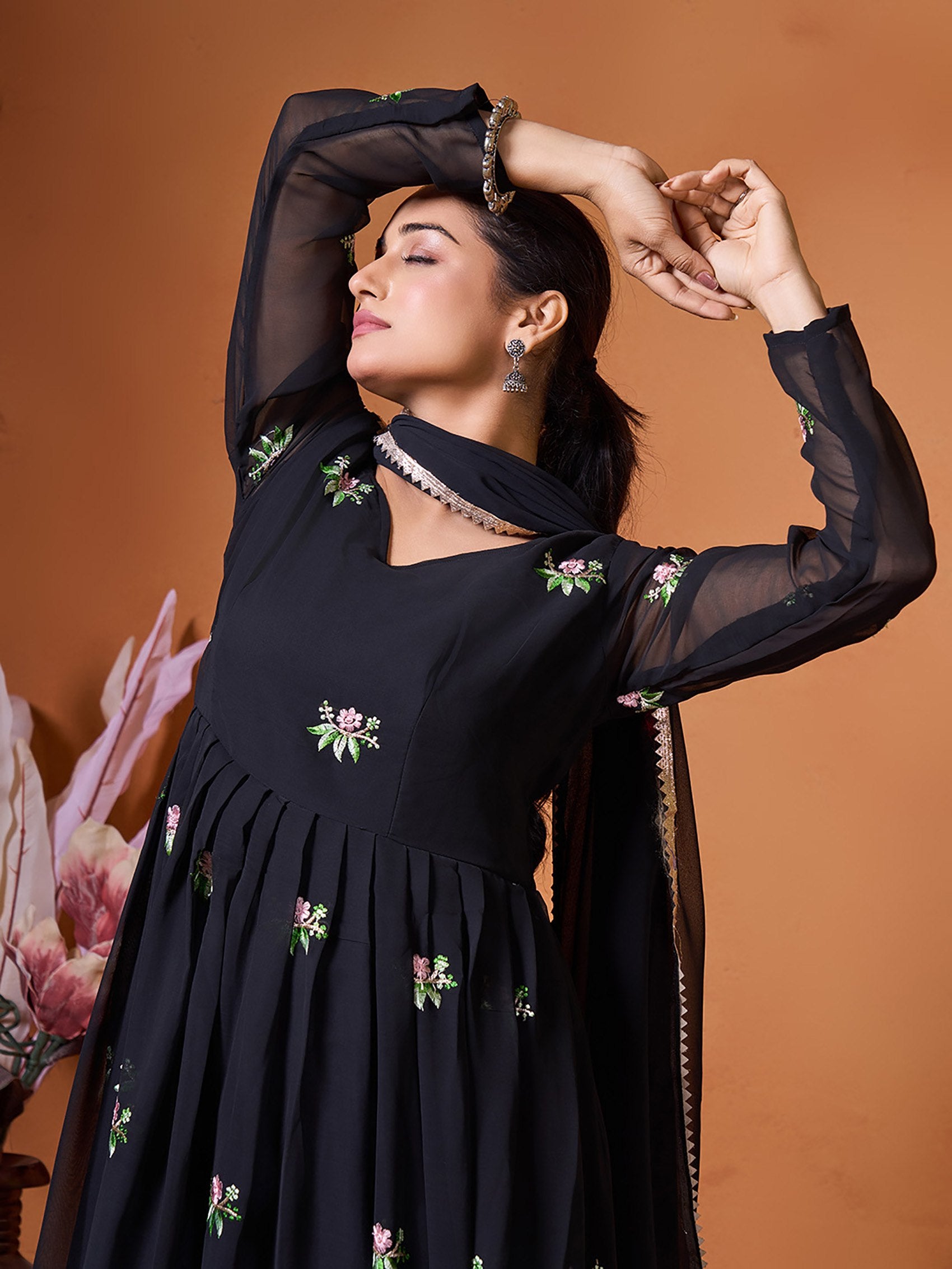 Black Georgette Embroidered Anarkali Gown with Dupatta
