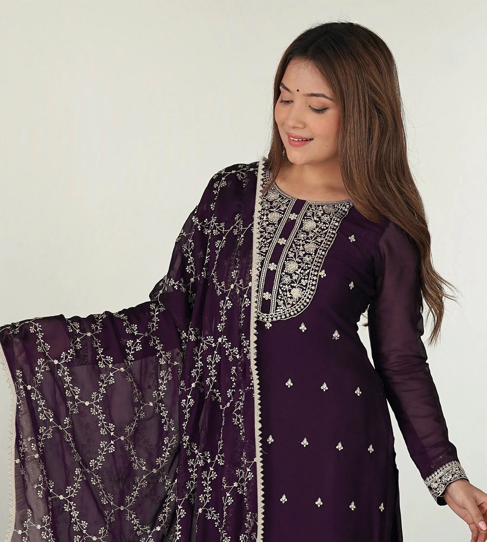 Women’s Purple Georgette Embroidered Kurta Pant Dupatta Set