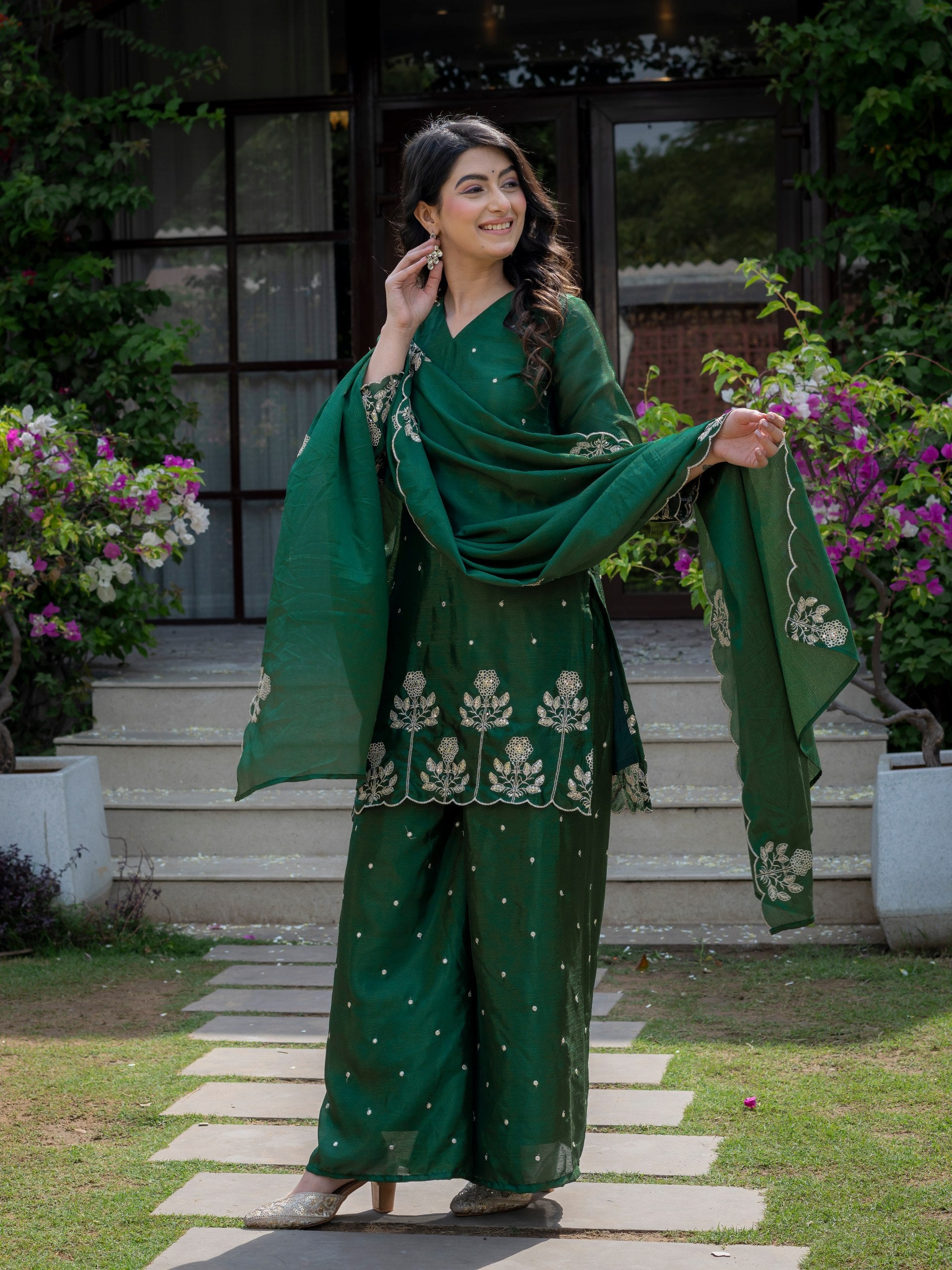 Premium Chinon Embroidered Kurti Set with Dupatta