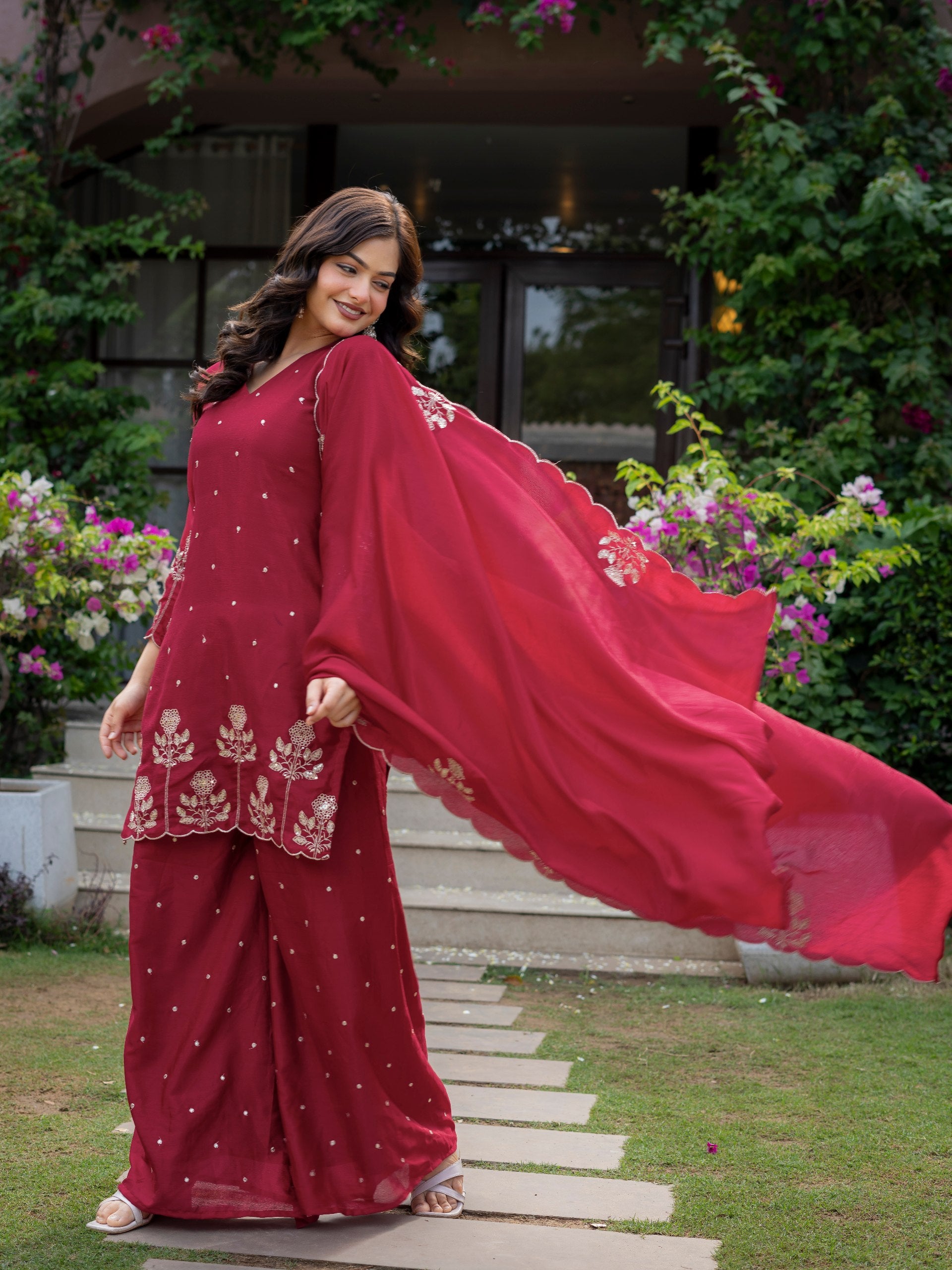 Premium Chinon Embroidered Kurti Set with Dupatta