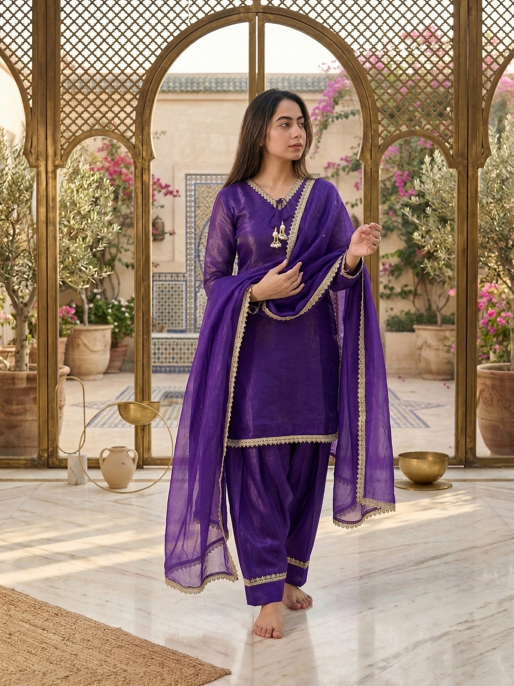 Designer Fendi Satin Mirror & Moti Work Plazo Set with Dupatta