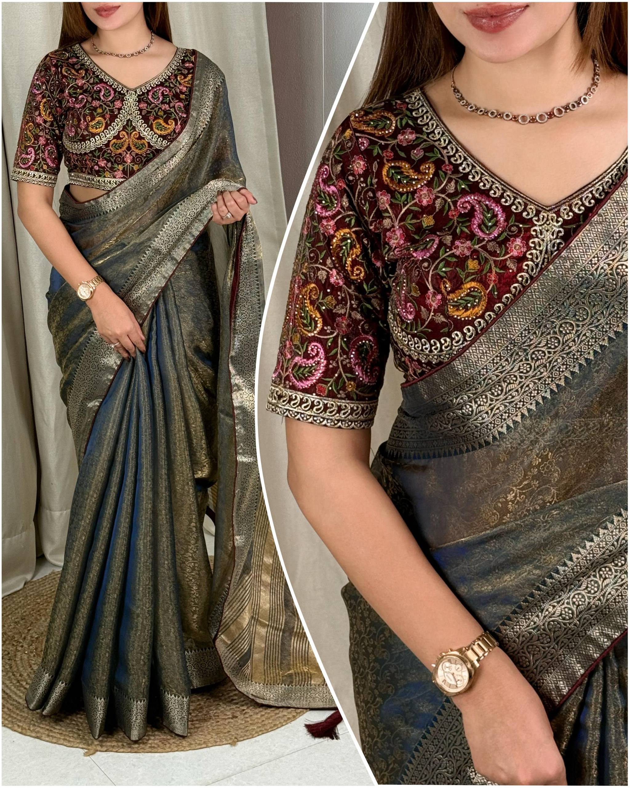 Designer Fandy Silk Saree with Kashmiri Embroidered Blouse