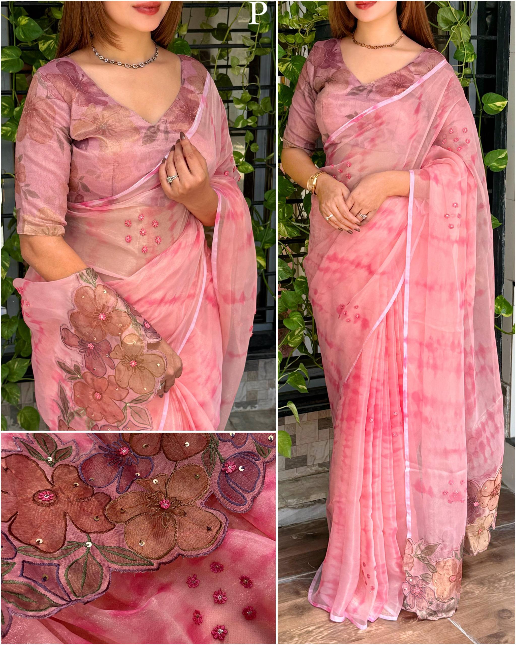Pure Glass Tissue Designer Saree with Hand Applique Work
