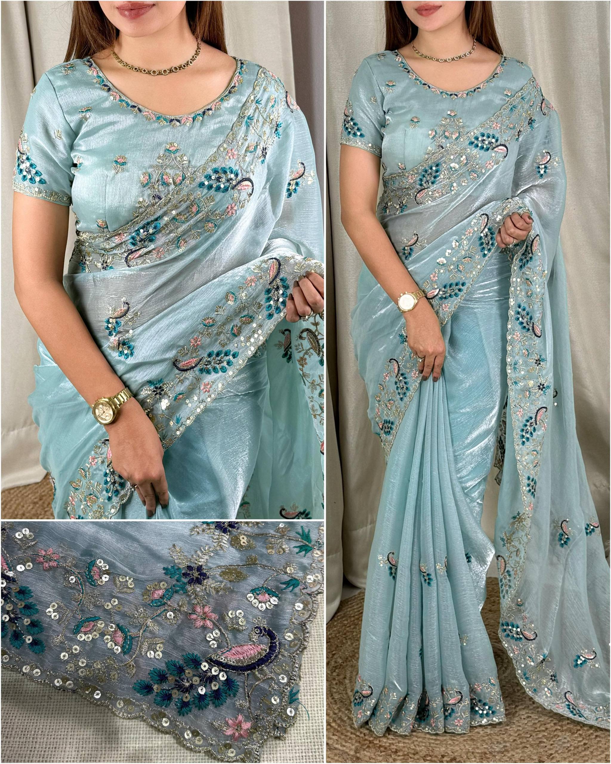 Party Wear Fandy Chiffon Saree with Sequins & Embroidered Blouse