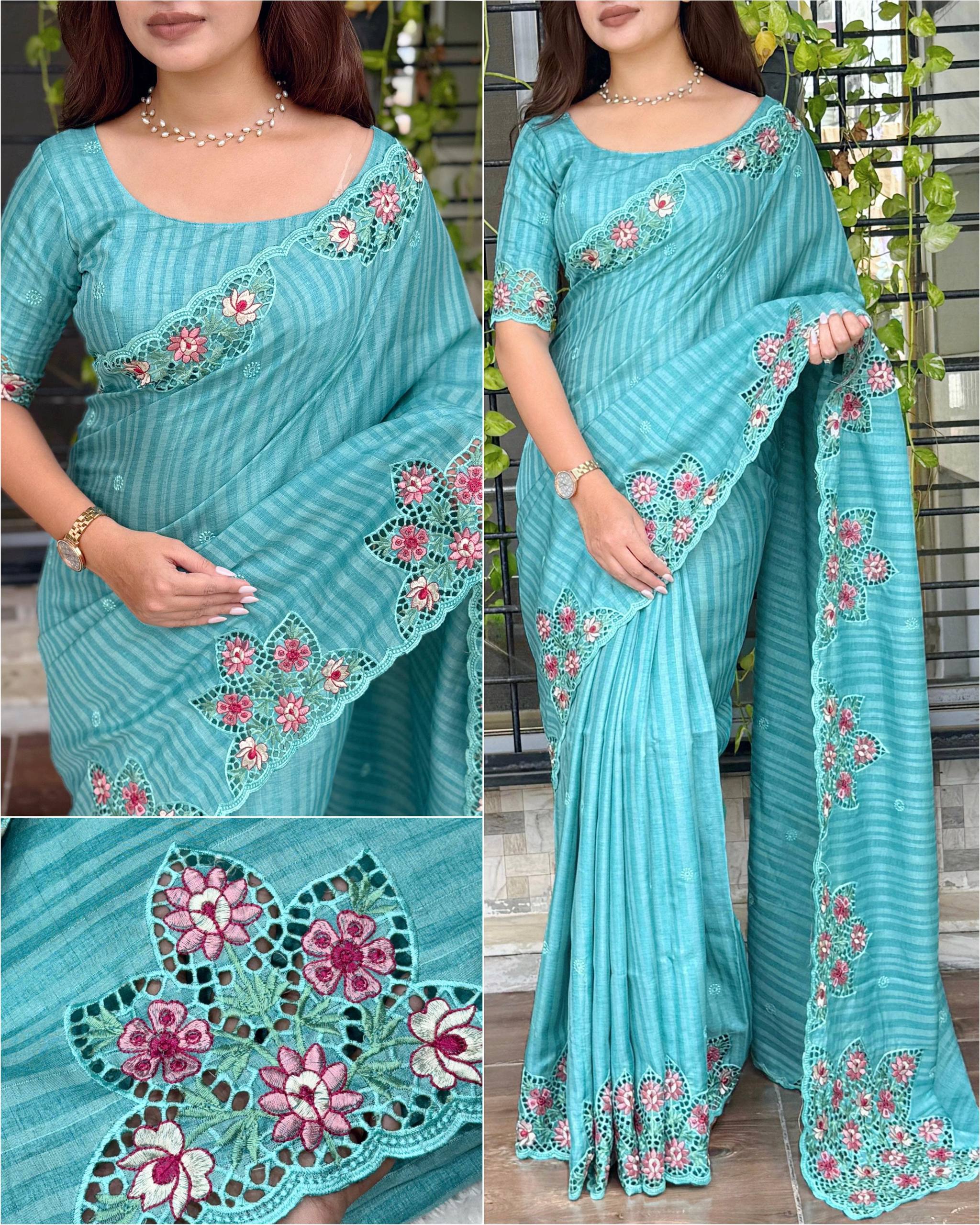 Festive Tusser Cotton Saree with Embroidery & Cutwork